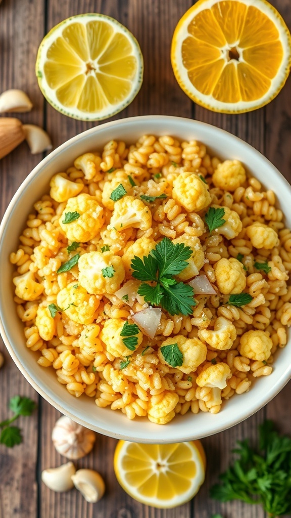 A bowl of lemon garlic cauliflower orzo with roasted cauliflower and parsley, garnished with Parmesan cheese.